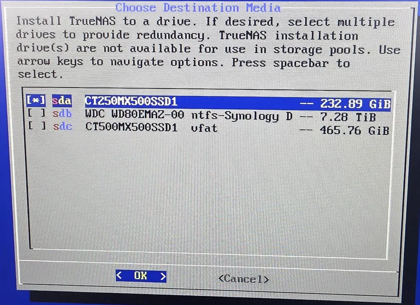 설치 대상 디스크 선택 화면 - 250GB SSD만 선택