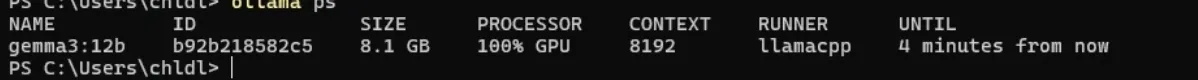 ollama ps 결과 - 100% GPU