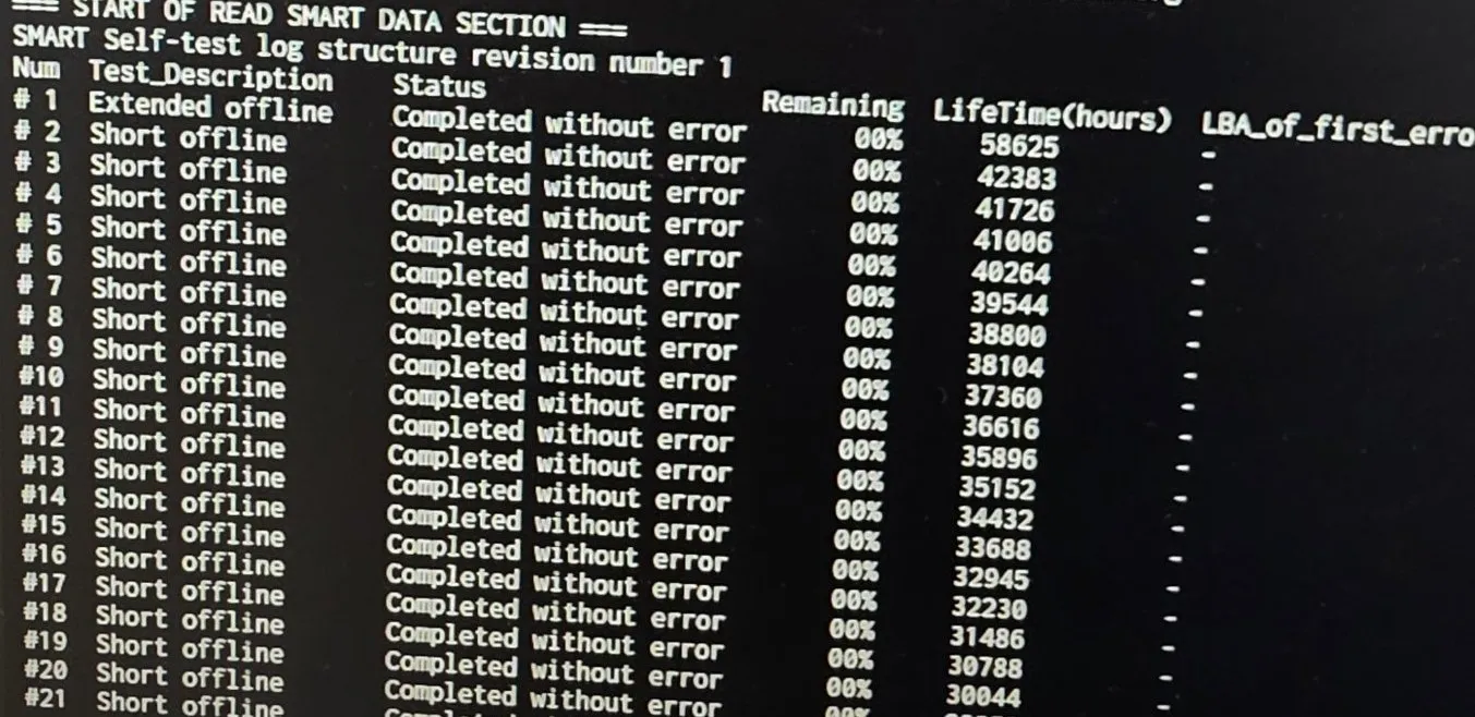 smartctl 자가 검사 기록 - Extended offline Completed without error